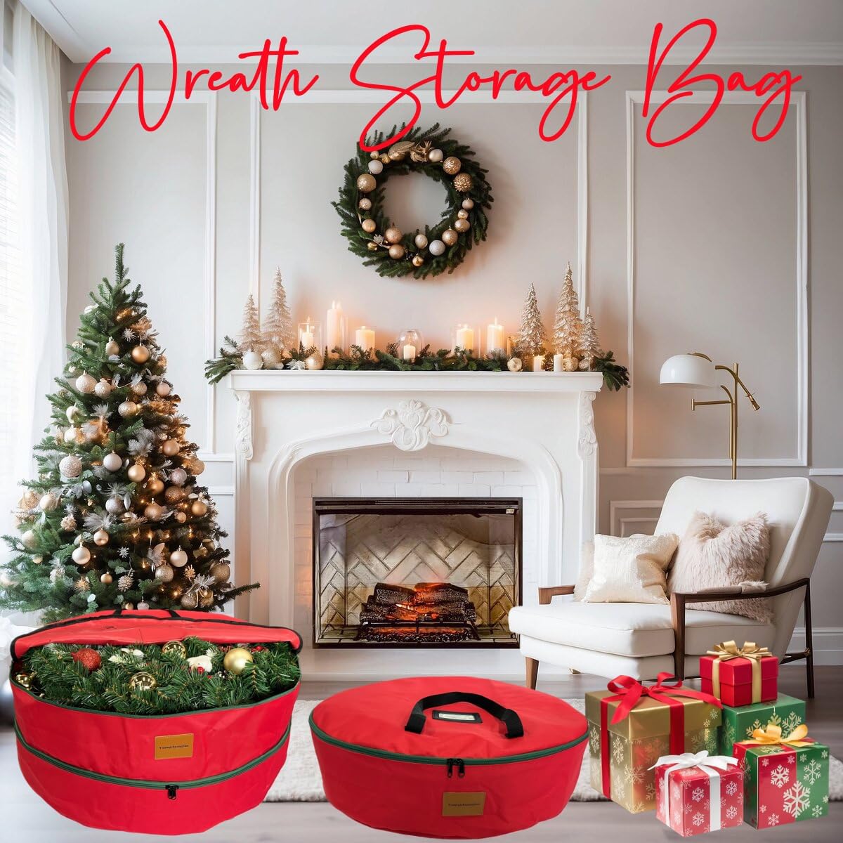 Regine Switzerland Wreath Storage Container - Heavy Duty 600D Oxford Cloth | 30x12 Inch Red Bag for Xmas Holiday Decor