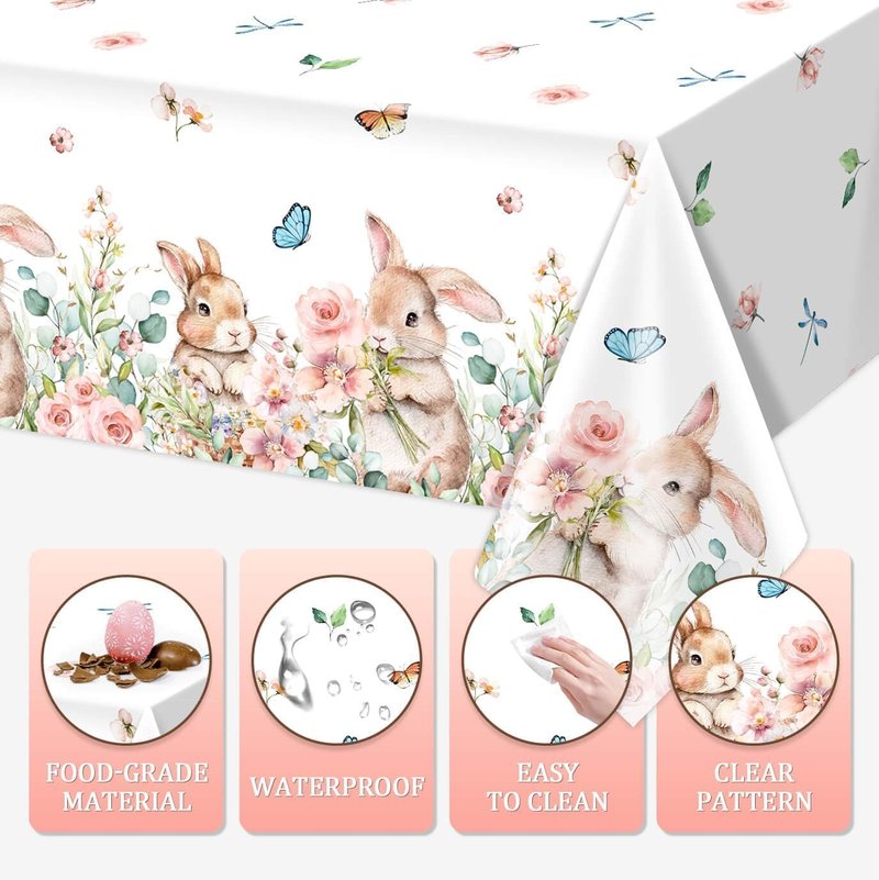 Vanulus 3Pcs Spring Easter Bunny Party Tablecloth Cute Rabbits Pink Floral Disposable Plastic Table Cover Rectangle Table Cloth for Spring Farmhouse Picnic Dinner Table 54x108Inch