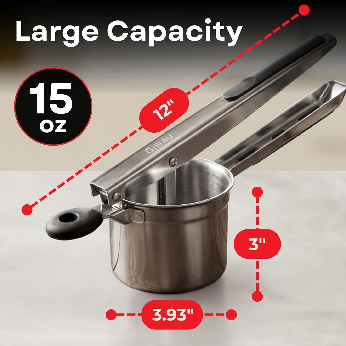Professional 430 Stainless Steel Potato Ricer - Large 15oz Masher for Fluffy Potatoes, Gnocchi & Baby Food - Ergonomic Non-Slip Handles, Dishwasher Safe