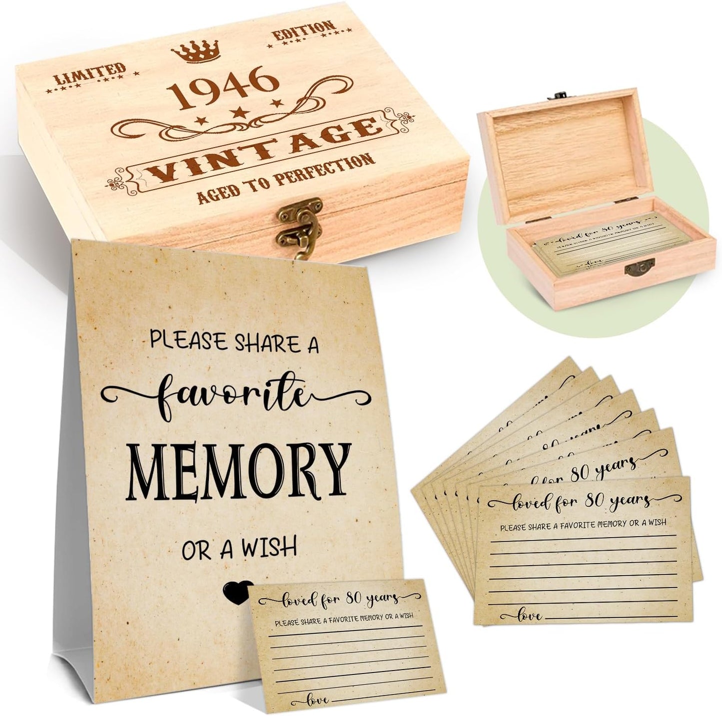 QUPT 80th Birthday Memory Box Set - 1946 Gifts for Men & Women with 50 Memory Cards & Sign