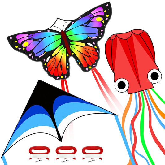 Mint's Colorful Life 3 Pack Kites for Kids and Adults, Easy to Fly Butterfly Delta Octopus Kite Set for Beginners, Large Beach Kites for Family Outdoor Games & Activities (Blue+Rainbow+Red)
