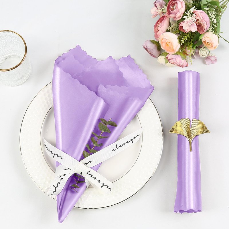 Homiest 12 Pack Light Purple Satin Dinner Napkins - 17x17 Inches, Scalloped, Silky Elegant Wedding & Party Napkins