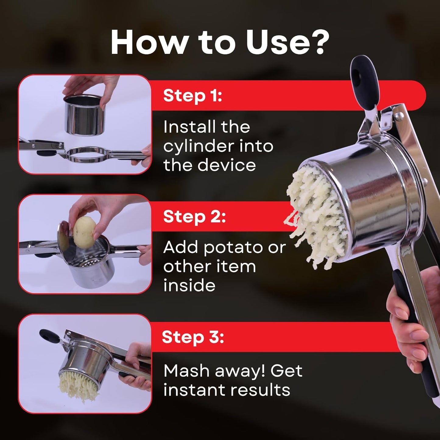 Professional 430 Stainless Steel Potato Ricer - Large 15oz Masher for Fluffy Potatoes, Gnocchi & Baby Food - Ergonomic Non-Slip Handles, Dishwasher Safe