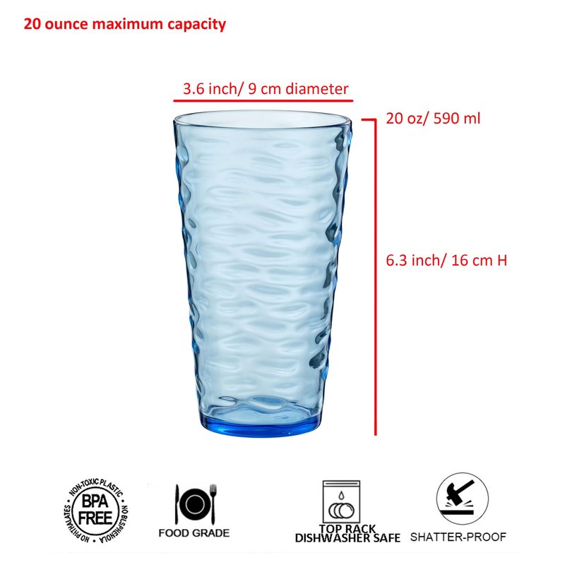 ZAINCA 20-ounce Plastic Tumblers, Acrylic Drinking Glasses High-Balls, set of 6 Multicolor Reusable Plastic Cups, Stackable, BPA-Free, Shatter-Proof, Dishwasher-Safe