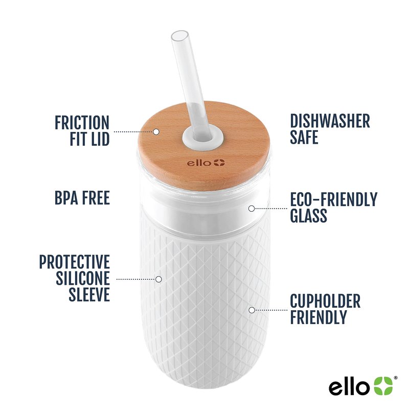 Ello Devon 18oz Glass Tumbler with Straw, Friction Fit Bamboo Wood Lid and Silicone Sleeve | Perfect for Iced Coffee, Tea, and Smoothies | White