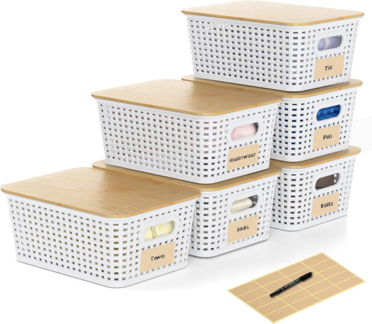 Skiennix Plastic Storage Baskets - Stackable Containers with Bamboo Lids & Labels, 6-Pack White