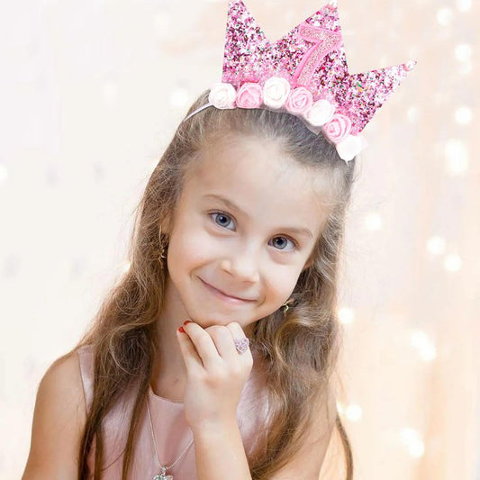 Vovii 7th Birthday Headband & Sash Set - Floral Princess Crown Headband for Birthday Girl Dress Up, Photo Prop & Party Decorations