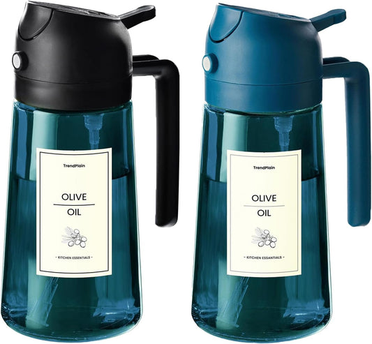 TrendPlain 16oz Blue Glass Olive Oil Sprayer - 2-in-1 Dispenser for Cooking, Air Fryer & BBQ (Black & Navy)