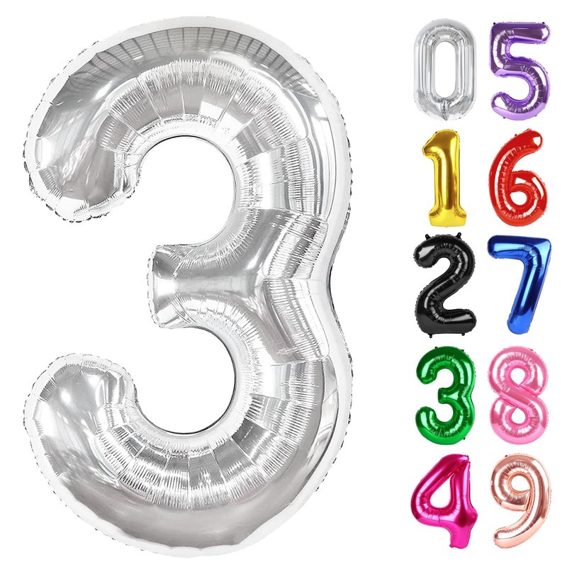 Silver Number 3 Balloon 40 Inch, 3rd Birthday Celebration Supplies for Girls Boys Women Men, 3 Balloon for Girls Boys Theme Party