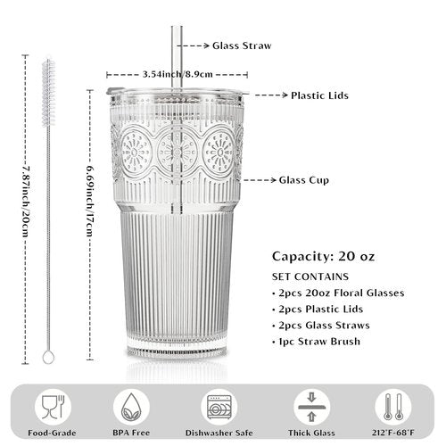 INSETLAN 20oz Ribbed & Floral Glass Tumblers with Lids and Glass Straws, Set of 2 – Iced Coffee Cups, Reusable Drinking Glasses for Water, Smoothies, Tea, and Juice – Perfect for Travel & Daily Use