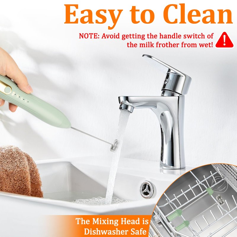 TonJin Frother Wand Rechargeable USB-C Milk Frother Handheld Mixer Electric with 2 Whisk Heads, 3 Speeds Adjustable Coffee Drink Mixer for Lattes, Matcha, Hot Chocolate, Egg, Matcha(Green)