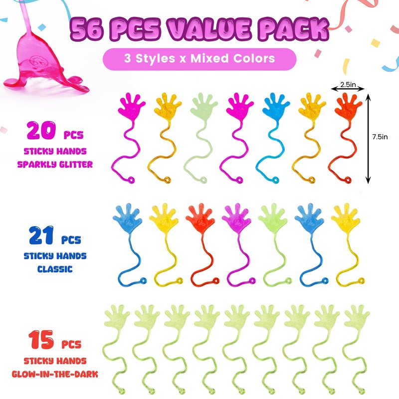 POPLAY 56PCS Sticky Hands Party Favors, Glowing Sticky Hands Glitter Fingers Party Table Favor Set for Kids, Birthday Goodie Bag Stuffers, Classroom Gift Exchange School Rewards