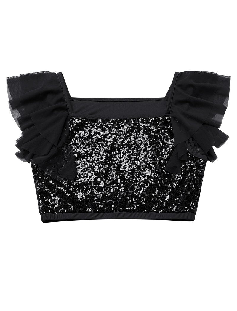 Lyrical Dance Dress for Women Ruffle Sleeve Square Neck Sparkly Sequins Crop Top Tiered Chiffon Midi Skirt Teen Girl Contemporary Dance Outfits Ballerina Dance Dress Black S