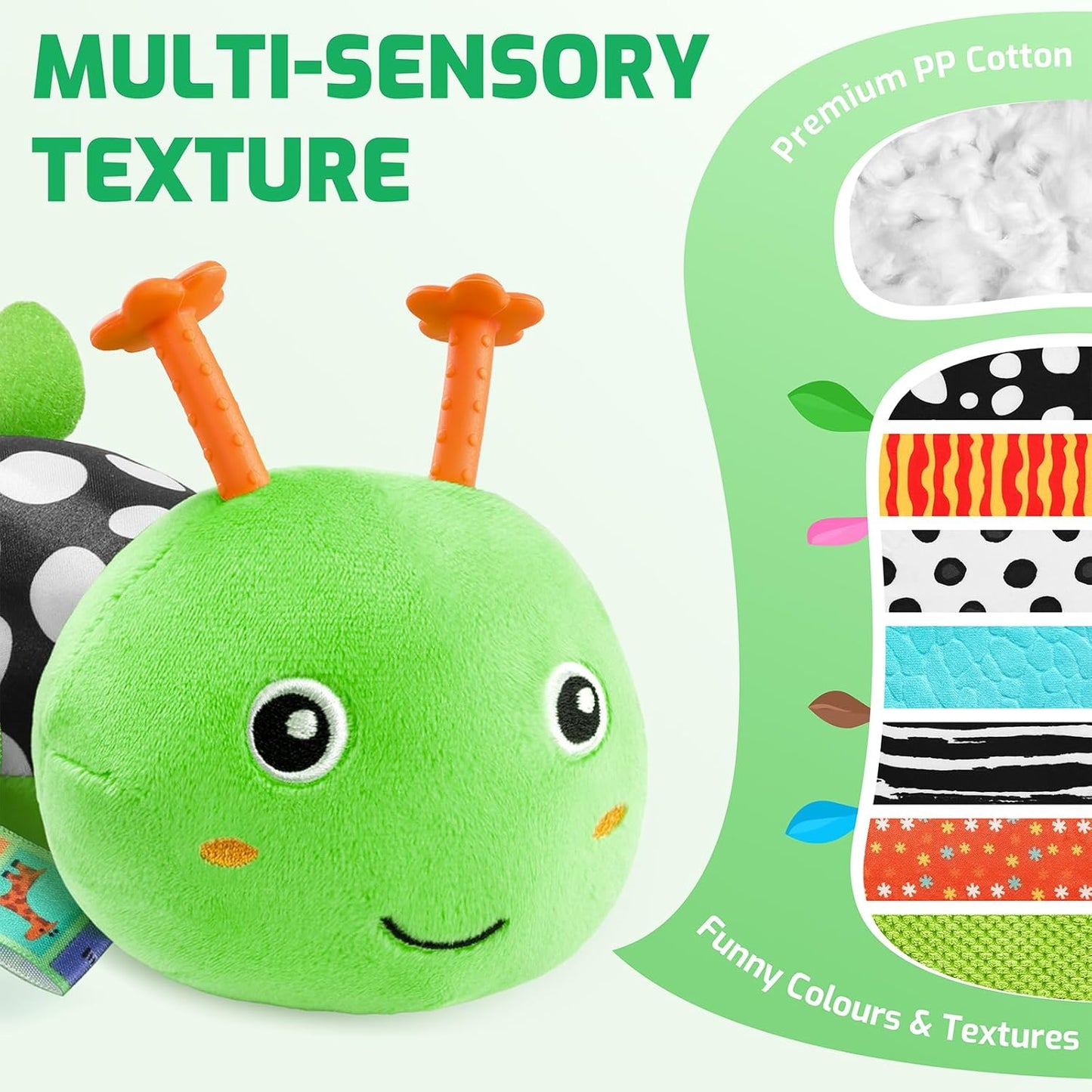 Sumobaby Music Caterpillar Plush Toy - Infant Teething & Tummy Time Rattle | 0-12 Months (Green-Leaf)