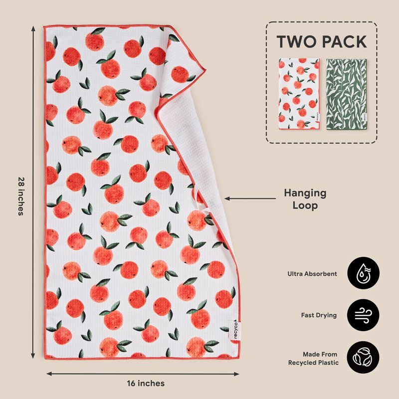 RECYCO Waffle Kitchen Towel Set of 2 - Quick Dry Microfiber Sustainable Dish Towels - Ultra Absorbent Reusable Cleaning Tea Towels - Lightweight Hand Towels,16”x 28”, Peachy Leaves