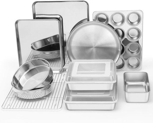E-far 12-Piece Stainless Steel Bakeware Set - Multi-Functional Pans with Lids for Cakes, Muffins & Pizza