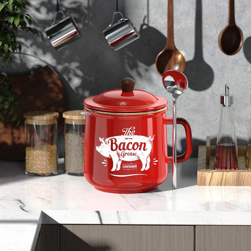 PGYARD Ceramic Bacon Grease Saver With Strainer - 23OZ Bacon Grease Container Farmhouse Keeper For Kitchen Fat Storage-Red