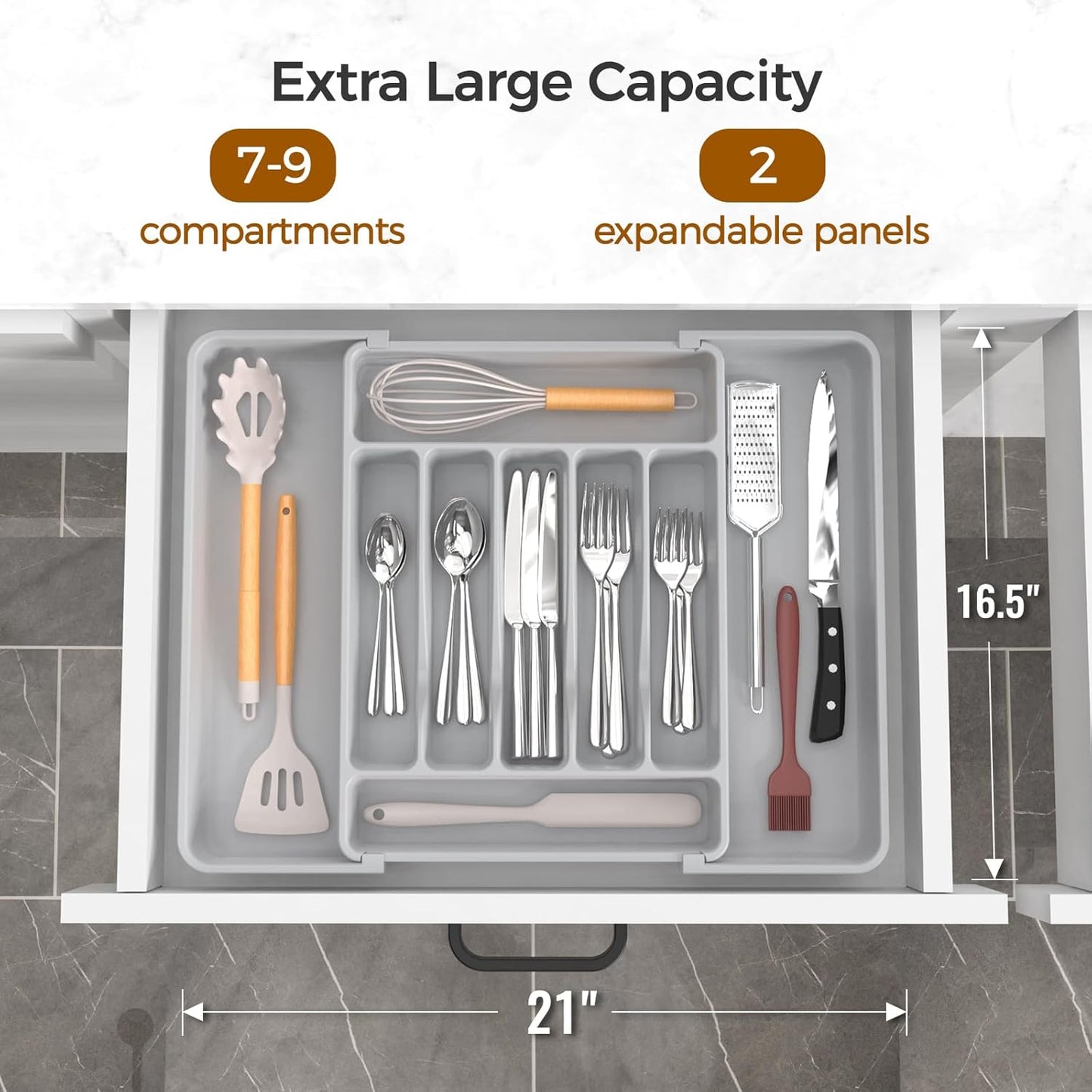 Ukeetap Extra Large Expandable Silverware Organizer - BPA-Free Cutlery Holder | Adjustable Gray Design