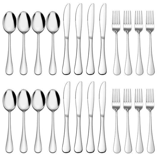 E-far Forks, Spoons and Knives Set for 8, 24 Pieces Stainless Steel Silverware, Food Grade Flatware Cutlery for Home Kitchen Restaurant, Mirror Finish, Dishwasher Safe