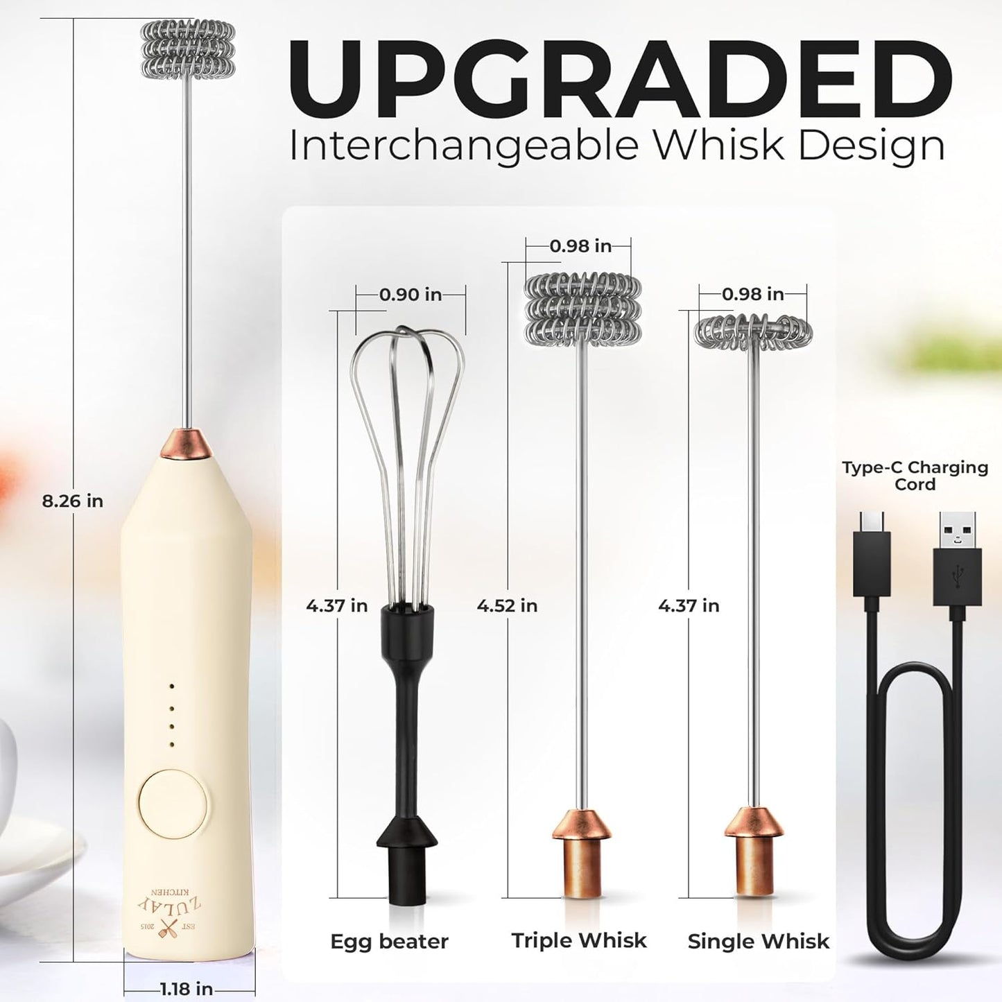 Zulay Kitchen Rechargeable Milk Frother - 3 Speed Drink Mixer with 3 Whisk Attachments - Cream Copper