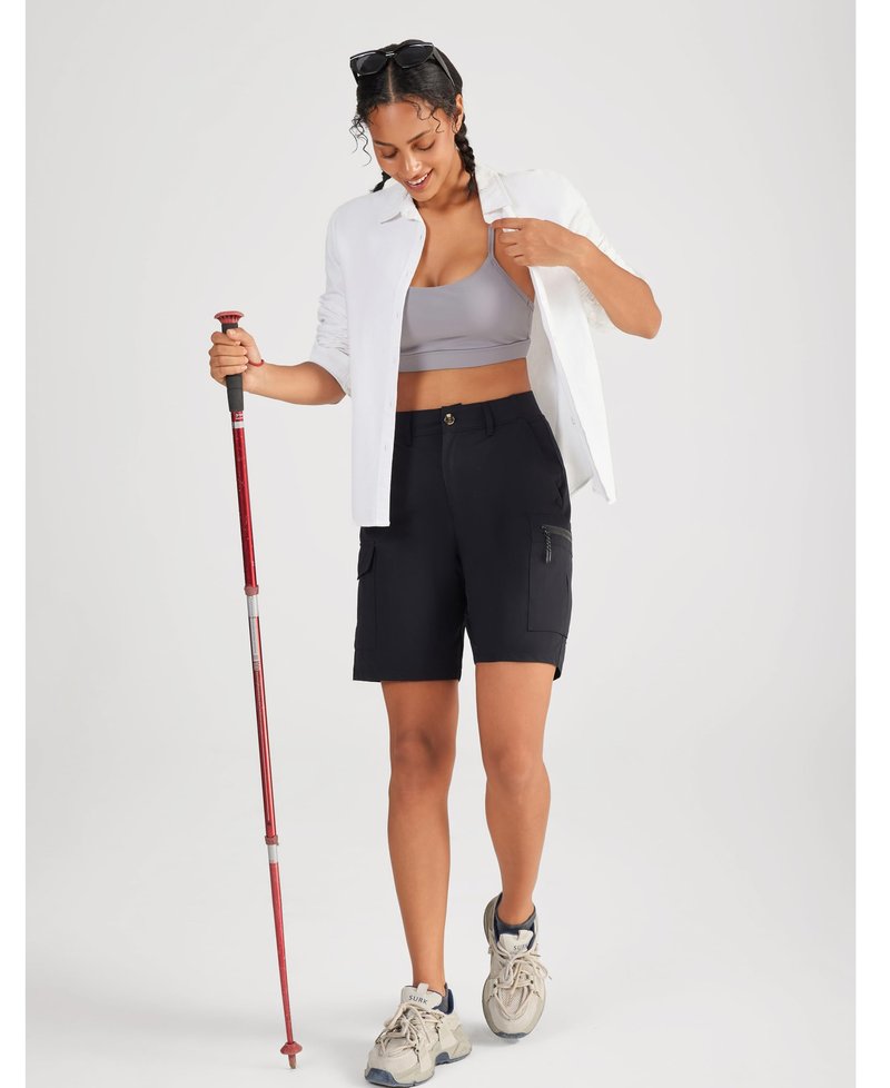 Oalka Women's Hiking Cargo Shorts Bermuda Lightweight Golf Camping 9" Long Shorts with Pockets Quick Dry Black XL