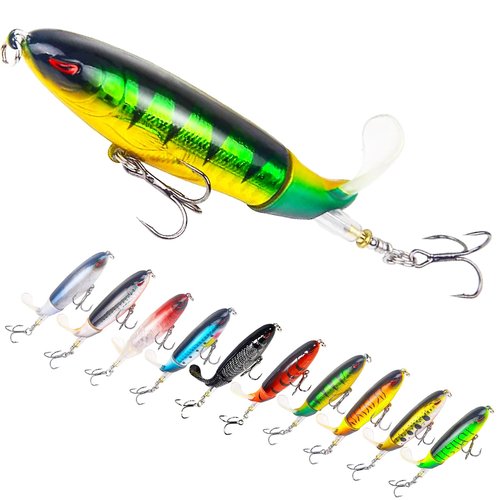 Bnque 10Pcs Fishing Lures for Bass, Whopper Lures Kit, Top Fishing Water Lures with Hooks, Popper Floating Lure for Bass Catfish Pike
