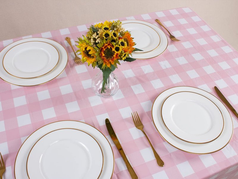Kesfey 3 Packs Pink Gingham Tablecloth Pink and White Checkered Tablecloths 54 x 108 Inches Disposable Plastic Gingham Tablecovers Waterproof Rectangle Picnic Table Covers for Birthday Party Supplies
