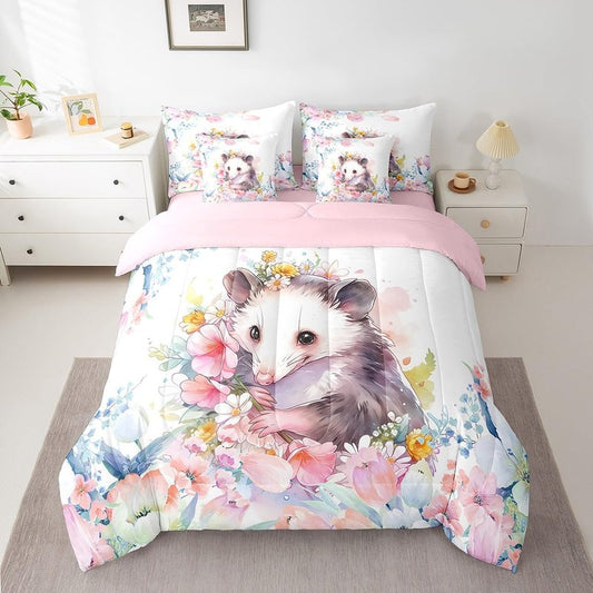Feelyou Cute Opossum Comforter Set Twin 7 Pcs Cartoon Animal Theme Bedding Set Flower Floral Print Farmhouse Zoo Wildlife Style Decor Bed in a Bag with Comforter, Sheets, Pillowcases & Cushion Cover