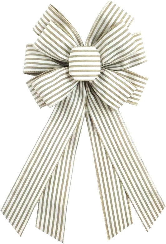 Natural Burlap Wreath Bow - 20 x 11 Inches | Light Khaki Stripes Ribbon for Easter & Home Decor