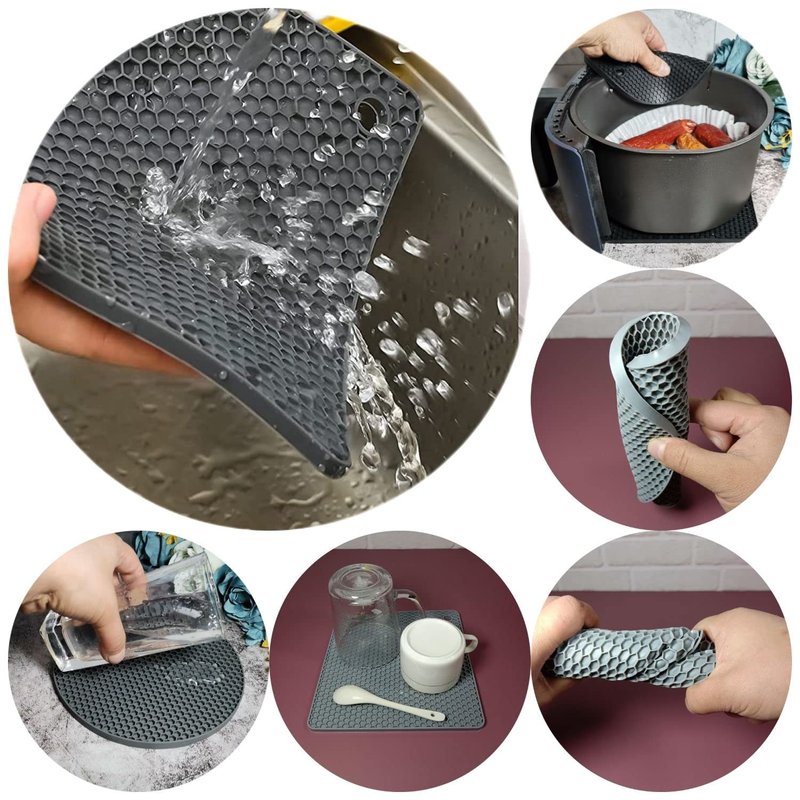 Hotsyang Silicone Trivets Mats Set, Hot Pads and Trivets for Hot Dishes, Pots and Pans, Black Silicone Hot Pads for Kitchen Table, Square Trivet Mat Set of 4