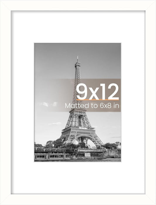 Upsimples 9x12 Picture Frame - Versatile Display for 6x8 Photos with Mat or 9x12 Without - White, 1 Pack