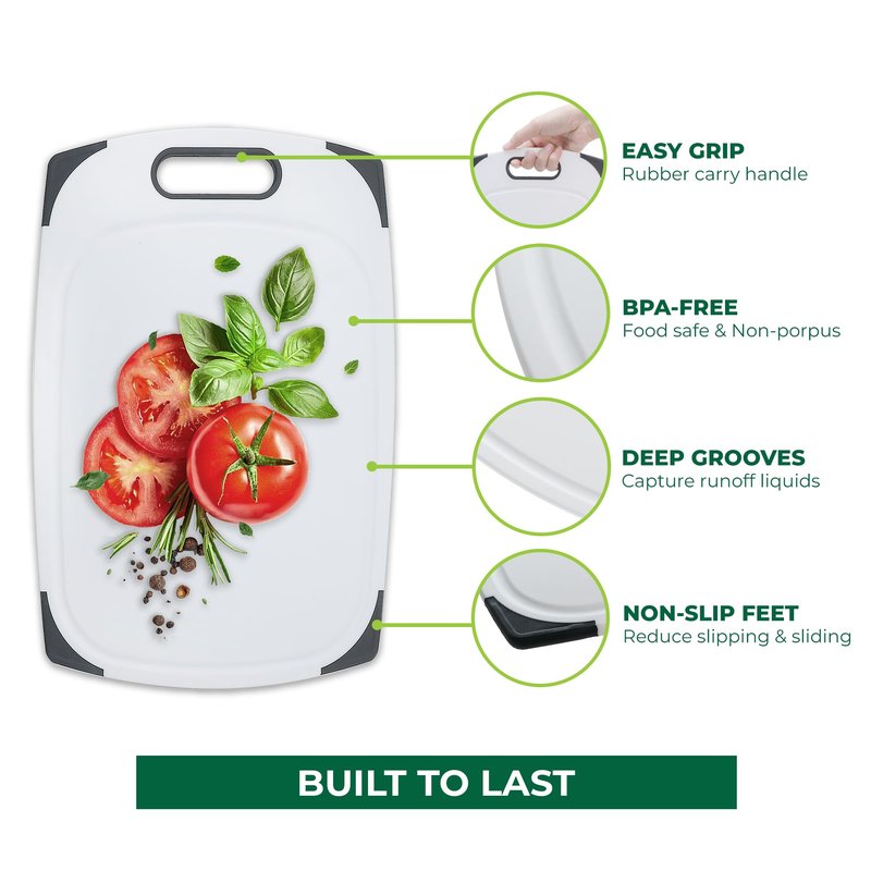 Plastic Cutting Boards for Kitchen, Cutting Board Set of 3, Juice Grooves with Easy Grip Handle, BPA-Free, Non-Porous, Dishwasher Safe, White