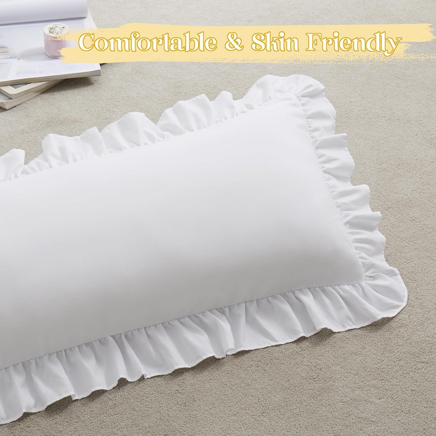 KKJIAF White Lumbar Pillow Cover - Microfiber Ruffled Sham for Couch & Bed | 14x36 Inch