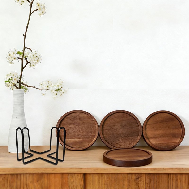Wood Drink Coasters with Holder, Set of 4, Natural Absorbent Wooden Coasters for Drinks, Modern Rustic Farmhouse Office Bar Decor, Coffee Table Cup Coaster