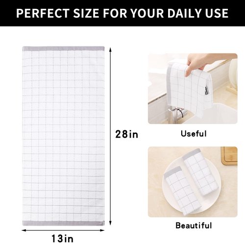 Homaxy 100% Cotton Terry Kitchen Towels(White, 13 x 28 inches), Checkered Designed, Soft and Super Absorbent Dish Towels, 4 Pack
