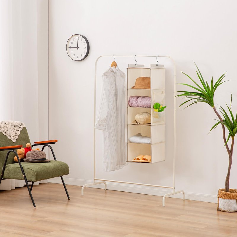 YOUDENOVA Hanging Closet Organizer, 5-Shelf Closet Hanging Storage Shelves, Beige