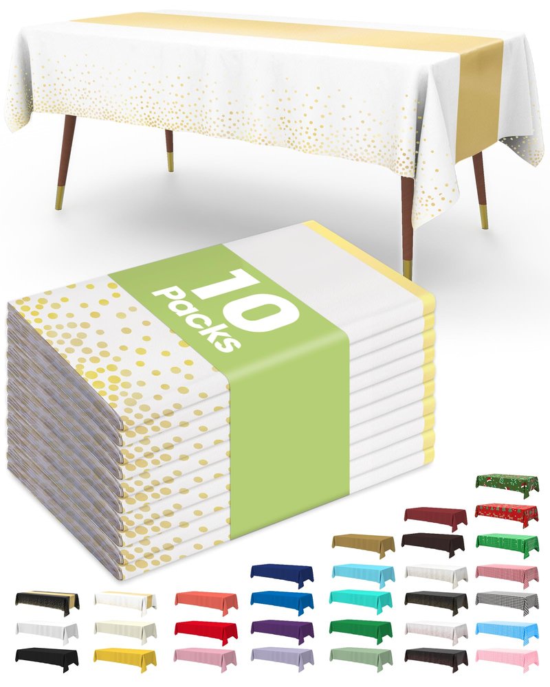 Pureegg Plastic Table Cloth Disposable 10 Pack, 54 x 108 Inch, Table Runner Style, Graduation Decorations 2026, Party Tablecloths, Rectangle, Plastic Cover, Leakproof & Sturdy, White Gold