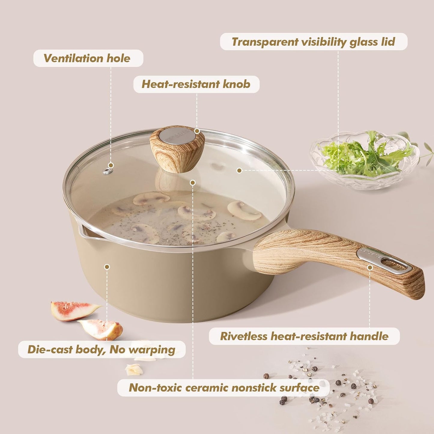 SENSARTE Nonstick Ceramic Sauce Pan - 1.5 Quart Cooking Pot with Lid & Stay Cool Handle | PFOA Free