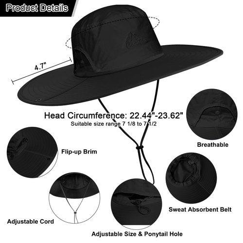 Cooltto Wide Brim Sun Hats with Waterproof Breathable for Fishing, Hiking, Camping，for Men Women Kids Black