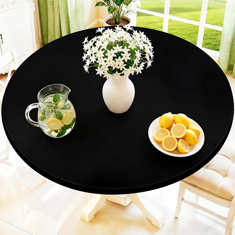 Moosfor Round Spandex Tablecloth, Elastic Fitted Waterproof Tablecloths for 45"-56" Tables, Stretch Washable Picnic Table Cover for Camping, Dining, Indoor and Outdoor, Black