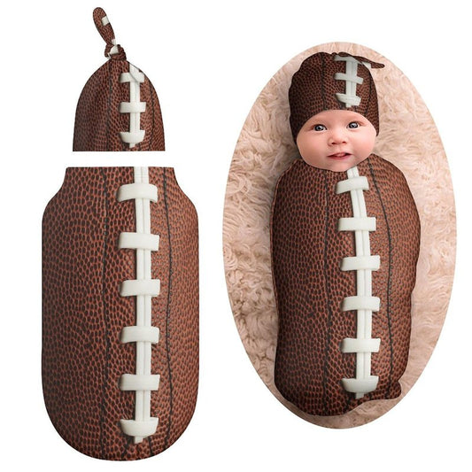 Football Newborn Swaddle Blanket with Beanie Hat, Soft Sleep Sack, Wraps - Gifts for Boys & Girls