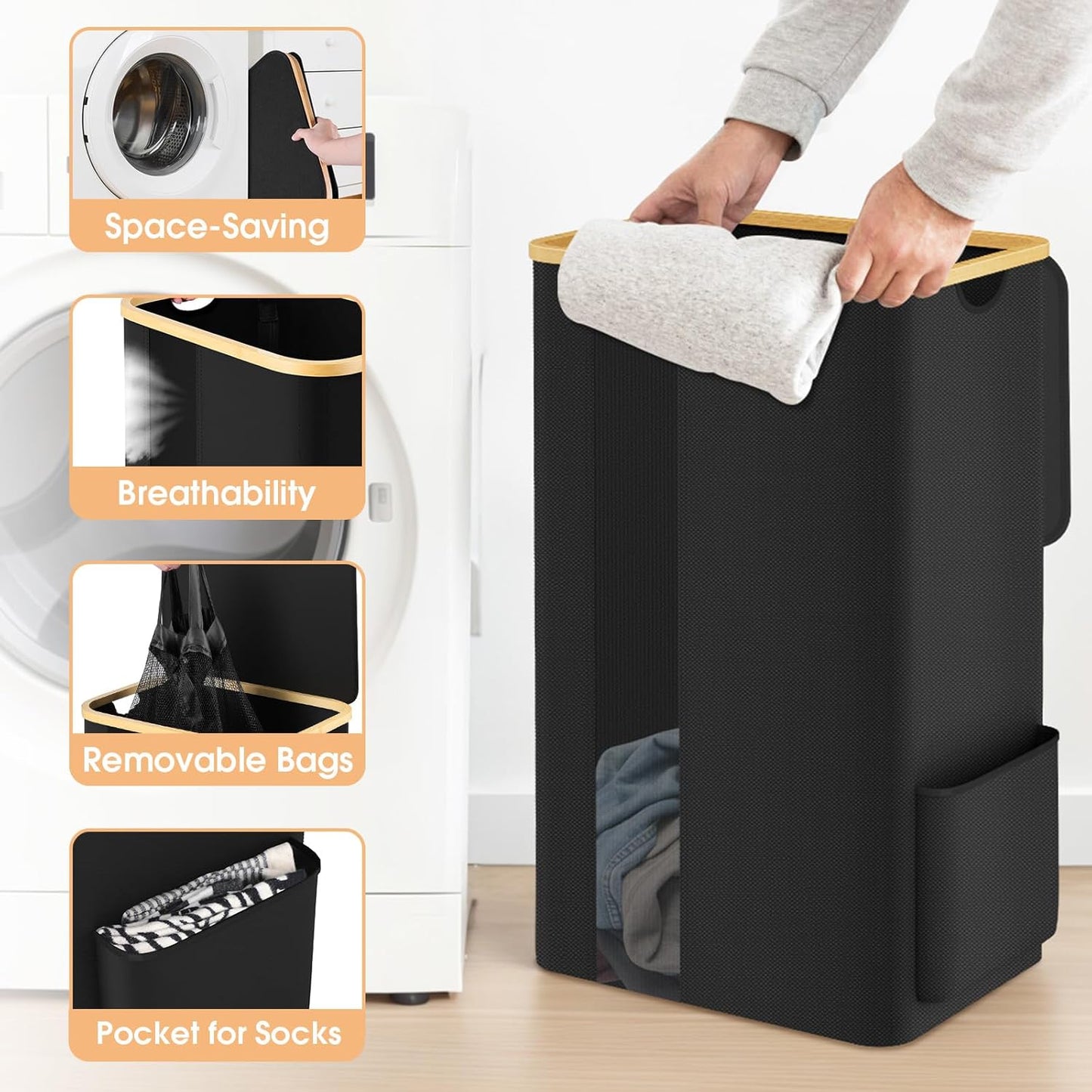 SpaceTrove Laundry Basket - Large 100L Collapsible Hamper with Lid & Removable Bag | Stylish Black Design for Bedroom & Bathroom