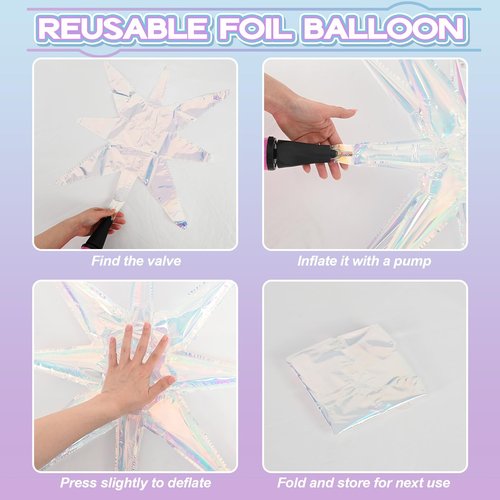 HILAVO 6PCS Iridescent Star Balloons, 22Inch Huge Iridescent Explosion Star Balloons Holographic Spike Cone Foil Balloon for Baby Shower Bridal Shower Wedding Birthday Party Decorations