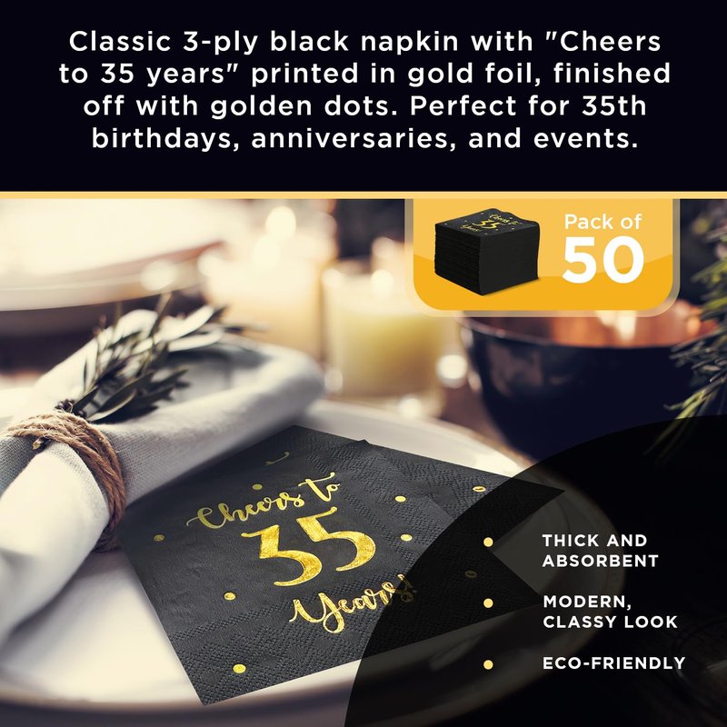 Cheers to 35 Years Cocktail Napkins | Happy 35th Birthday Decorations for Men and Women and Wedding Anniversary Party Decorations | 50-Pack 3-Ply Napkins | 5 x 5 inch folded (Black)
