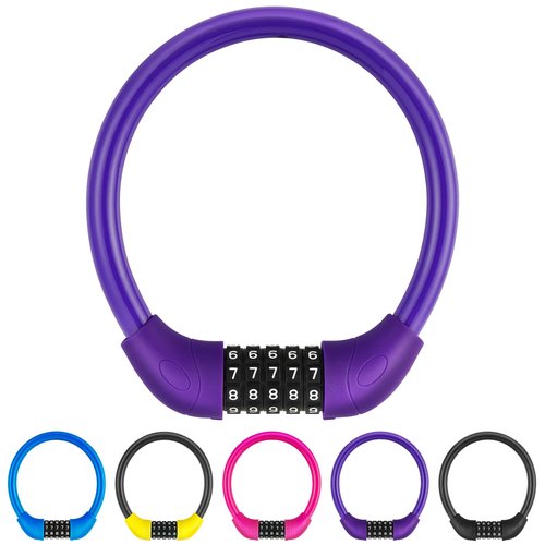 IDEALUX Bike Lock Cable, Bicycle Cable Lock with 5 Digit Combination，Big Head & Metal Pin with Copper Lock Core, Resettable Kids Bike Cable Lock, 20" x ∅0.8" Purple