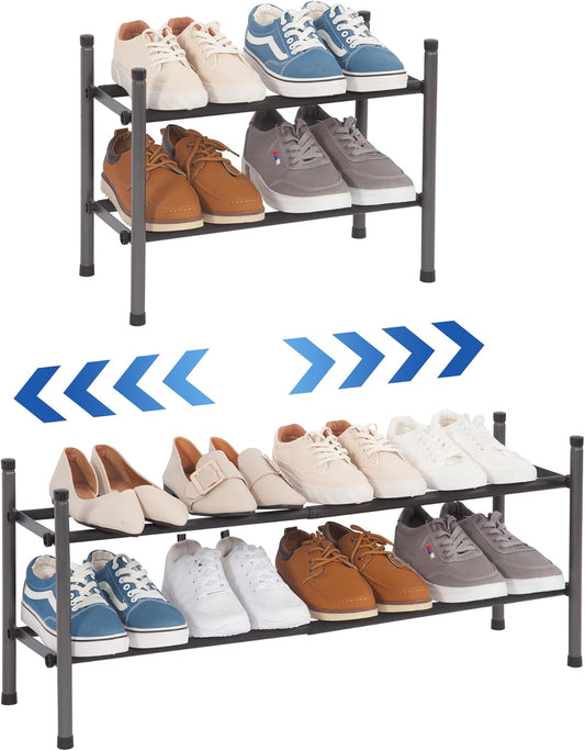 Storage Maniac Expandable Shoe Rack - 8 Pairs Stackable Metal Organizer for Closet & Entryway | Black 2-Tier
