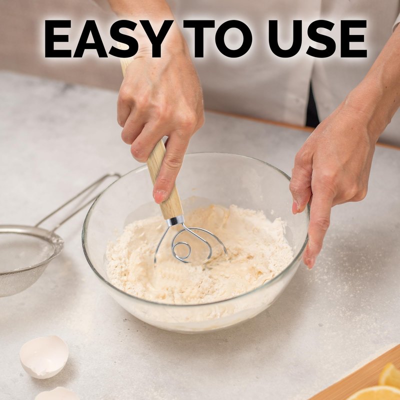 Zulay Kitchen 13-Inch Danish Dough Whisk - Stainless Steel Wooden Whisk with Dough Hook - Sourdough Whisk for Bread, Pizza, Pastry, Cake Batter & More - Wood