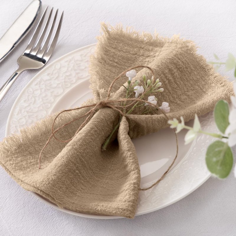 Socomi Set of 6 Linen Napkins Caramel Easter Spring Cloth Napkins Washable Cotton Dinner Napkins Fringe 17"x17" for Wedding Party Bridal Baby Shower Birthday Table Decorations