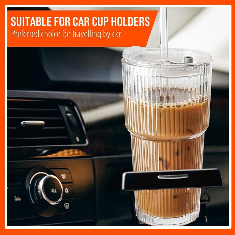 SUROQUE 20oz Ribbed Glass Tumblers with Lids & Straws, Ideal for Iced Coffee, Cocktails & More - Includes Cleaning Brush