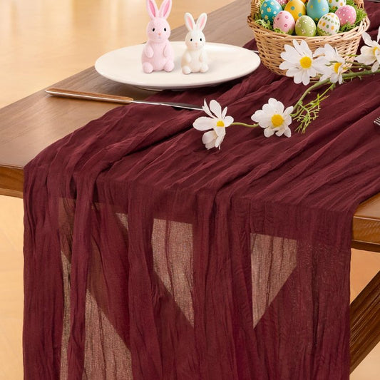 Socomi Burgundy Red Summer Table Runner Cheesecloth Boho Rustic Gauze 120 inch 10FT Cheese Cloth Sheer Runner for Wedding Party Baby Shower Birthday Home Decor Holiday Decorations